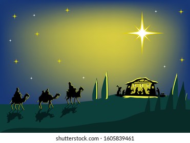 Nativity scene of the birth of jesus where 3 wise men visits him to give gifts. Editable Clip Art. 