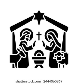 Nativity scene black glyph icon. Birth of Jesus Christ in Bethlehem. Biblical scene. Holy night. Mother Mary and Joseph. Silhouette symbol on white space. Solid pictogram. Vector isolated illustration