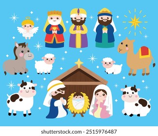 Presépio com desenho animado bebê Jesus, Maria, José e os três sábios em Belém clipart set