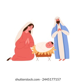 Nativity scene, cartoon flat vector illustration isolated on white background. Baby Jesus in manger, kneeling Mary and Joseph praying. Christmas holiday. Character design.