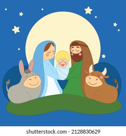 Nativity scene cartoon in the night Child Jesus Joseph and Mary Vector