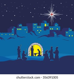 Nativity scene. Christmas. Bethlehem. Mary, Joseph and small Jesus. The shepherds and the wise men came to worship Jesus
