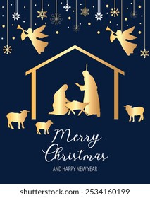 Nativity scene. Christmas night. Birth of Jesus. Greeting card Merry Christmas and Happy New Year. Blue and gold. Vector graphics