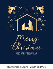 Nativity scene. Christmas night. Jesus. Merry Christmas and Happy New Year. Blue and gold. Vector graphics