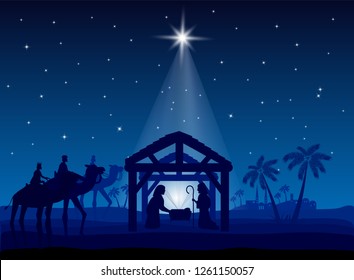 Nativity scene, Christmas star on blue sky and birth of Jesus, illustration