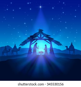 Nativity scene, Christmas star on blue sky and birth of Jesus, illustration.