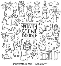 Nativity Scene Christmas  Traditional Doodle Icons Sketch Hand Made Design Vector.