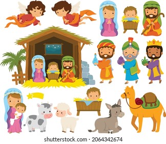 Nativity scene clipart set with cartoon baby Jesus, Mary, Joseph and the three wise men in Bethlehem.
