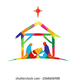 Nativity scene colored facet silhouette Jesus in manger   star  Christmas story Mary  Joseph   birth baby Christ  Colorful stained glass vector illustration