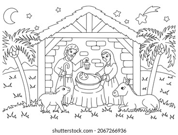 Nativity scene. Coloring book page for kids. Cartoon style character. Vector illustration isolated on white background.