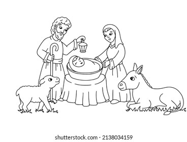 Krippe. Farbige Buchseite für Kinder. Cartoon Stil Charakter. Vektorgrafik einzeln auf weißem Hintergrund.