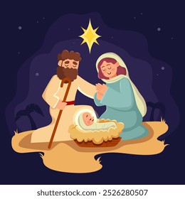 Nativity Scene Concept. Joseph, Mary and Jesus. Holiday Holly Night. Vector Cartoon Illustration.