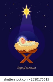 Nativity Scene Concept. Newborn Jesus with Cristmas Star. Card Holly Night. Vector Cartoon Illustration.