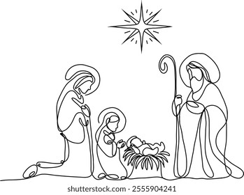 Nativity scene. Continuos line. Hand drawn vector isolated set.