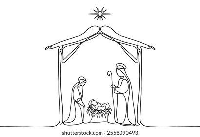 Nativity scene. Continuos line. Hand drawn vector isolated set.