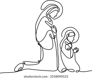 Nativity scene. Continuos line. Hand drawn vector isolated set.