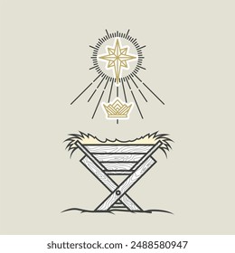 The nativity scene, crib or manger for birth of the baby Jesus, Star of Bethlehem and crown of the king of heaven, vector