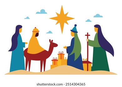 A nativity scene depicts the birth of Jesus Christ, featuring figures like Mary, Joseph, baby Jesus, shepherds, angels, and animals, often set in a stable or manger, symbolizing Christmas.