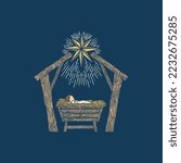 The Nativity Scene. A hand-drawn manger for the baby Jesus. The Star of Bethlehem above the stable where the Savior of the world was born.
