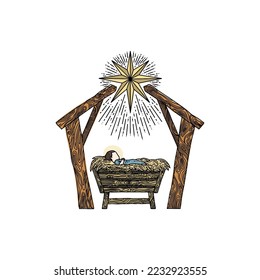 The Nativity Scene. A hand-drawn manger for the baby Jesus. The Star of Bethlehem above the stable where the Savior of the world was born.