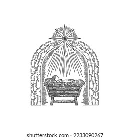 The Nativity Scene. A hand-drawn manger for the baby Jesus. The Star of Bethlehem above the stable where the Savior of the world was born.