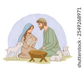 Nativity scene, holy family with Jesus in manger.