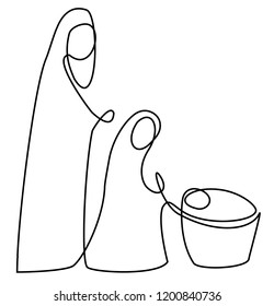 Nativity scene with Holy Family one line drawing