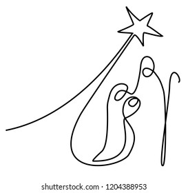 Nativity scene with Holy Family one line drawing