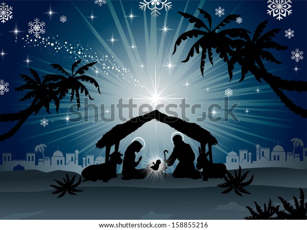 Nativity Scene Holy Family Oriental Landscapeblending Stock Vector ...