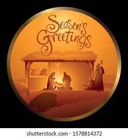 Nativity scene of The Holy Family in stable in circle frame for Christmas theme