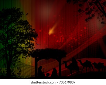 Nativity scene with holy family and the three kings on abstract background, vector illustration