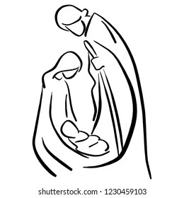 Nativity scene with Holy Family vector illustration sketch doodle hand drawn with black lines isolated on white background. Christmas time.