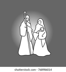 Nativity scene with Holy Family vector illustration doodle sketch hand drawn with black lines isolated on gradient gray background