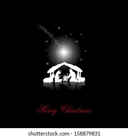 nativity scene and the Holy Family white silhouettes black background   transparency blending effects   gradient mesh  EPS10