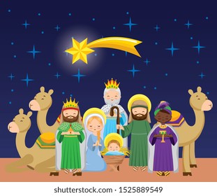 nativity scene with holy nazareth family and three wise men cartoon. vector illustration