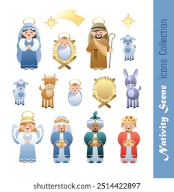 Nativity Scene Icons Collection. Cute cartoon characters. Vector illustration.