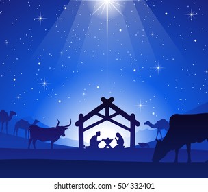 Nativity Scene with Jesus, Mary and Joseph in a Manger under Bright Start