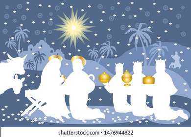 Nativity scene of jesus under the snow in the shape of flowers with the magi offering the gifts