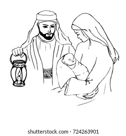 Nativity scene. Joseph with Mary and baby Jesus coloring. Hand drawn sketch vector illustration on white background. Black & white.
