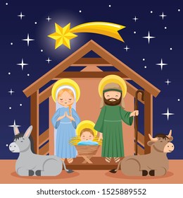 nativity scene with joseph mary jesus and animals. vector illustration