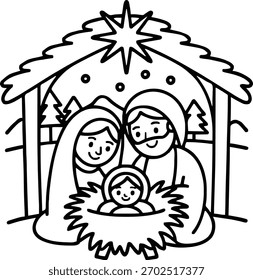 Krippe Szene Linie Zeichnung mit Stern und Bäumen Weihnachten