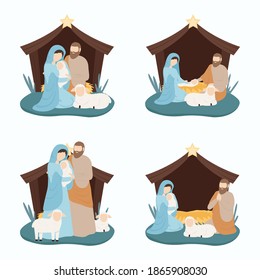 Nativity scene with Mary and Joseph birth of Jesus in a stableJesus sleeps in a manger. Christmas 2021Vector illustration