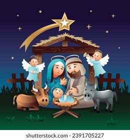 Nativity Scene with Mary, Joseph, Jesusand baby Jesus. Vector illustration
