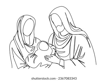Krippe Szene eine Linie Zeichnung Vektorgrafik. biblische Geschichten, Joseph und Jungfrau Maria mit Jesus Christus in ihren Armen.