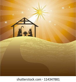 nativity scene over evening background. vector illustration