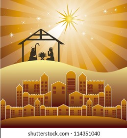 nativity scene over evening background. vector illustration