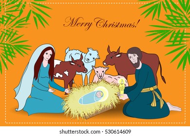 Nativity scene with saint family and animals. Cartoon vector illustration