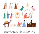 Nativity scene set, cartoon flat vector illustration isolated on white background. Christianity Christmas design elements - baby Jesus in stable, virgin Mary and Joseph, three wise men and shepherds.