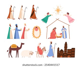 Cenário de natividade, desenho animado vetor plano ilustração isolado no fundo branco. Elementos de design de Natal do cristianismo - bebê Jesus em estável, virgem Maria e José, três homens sábios e pastores.