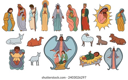 Nativity scene set of Our Lord Jesus Christ: Virgin Mary, Joseph, adoration of the magi, Angel, animals